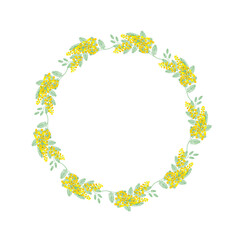 Round bright, stylish, elegant frame with spring mimosa flowers. For invitations, greetings, and decorations. Vector.