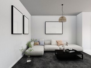 Living room with three blank frames, white sofa and interior decoration with ornamental plants and ceiling lamp. 3d rendering, interior design, 3d illustration