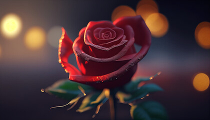 Closeup of realistic red rose with red blurred background, Generative AI