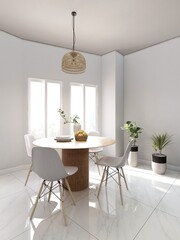 Dining room with interior decoration with ornamental plants and ceiling lamp. 3d rendering, interior design, 3d illustration