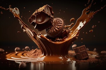 Realistic splash flowing chocolate or cocoa with chocolate pieces. AI Generation
