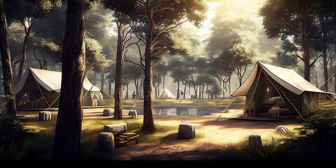 Campsite in the forest - sleeping outdoors in nature with tents and sleeping bags by generative AI