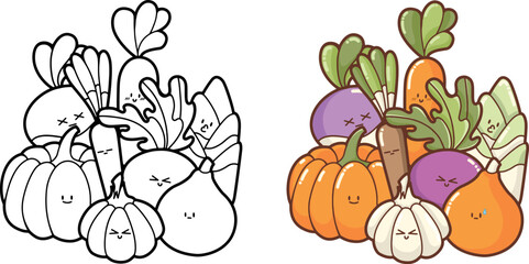 "Set of happy and funny vegetables"  outlines, contours - nice design for logo, patch, stickers, icon, illustration for coloring books, kawaii and cute veggies collection