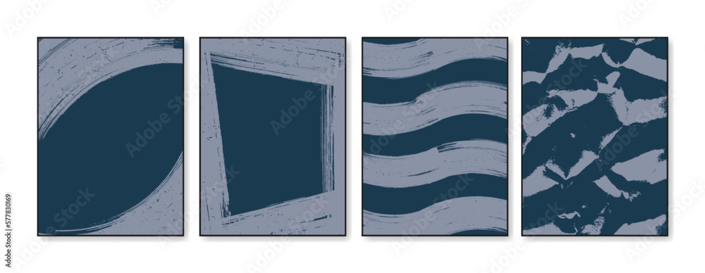Poster artwork collection from paint strokes in frames. different compositions in blue colors in watercolor