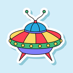 Vector UFO cartoon sticker in retro colors. Isolated colorful spaceship badge