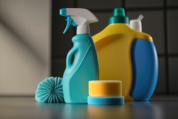 Chemical poisoned cleaning supplies bottles on dark background. Cleaning service. AI Generation