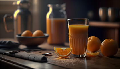 a refreshing drink, orange juice with mint and cocktail tube, fresh whole and sliced oranges on a black background