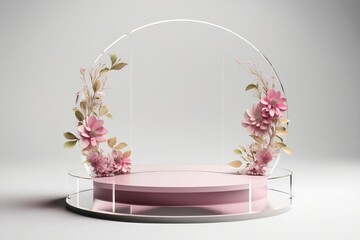 Illustration of a pink display podium with sakura trees. AI generation