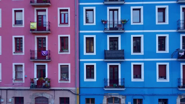 Flying in Bilbao, filming colorful apartments. 