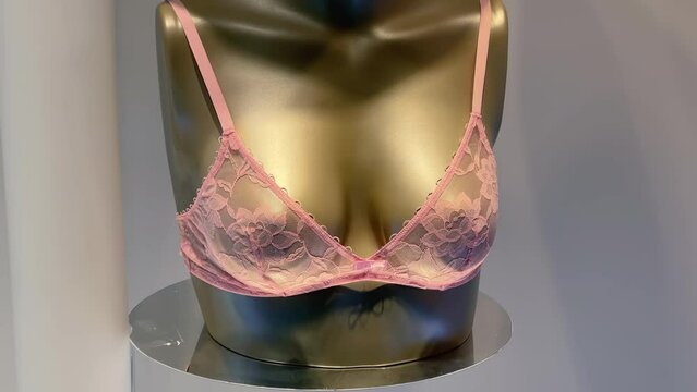 Transparent lace bra worn on a female mannequin in the lingerie store window