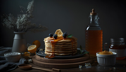 Board with tasty pancakes, blueberries and honey dipper on the table