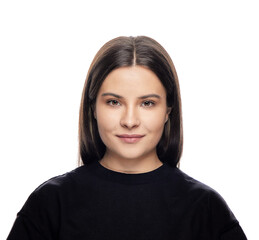 close-up headshot portrait of a brunette girl, on a white background isolate.