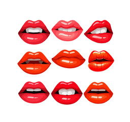 Beautiful cartoon lips in red lipstick. Vector illustration of lush female lips