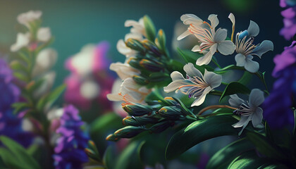 Realistic blurred spring background with colorful flowers, Generative AI