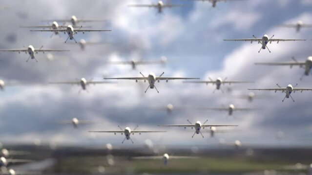 Armada of military drones flying against the backdrop of a beautiful cloudy sky.