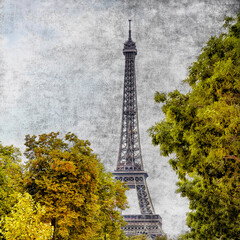 Eiffel tower view, made up as vintage poster with foliage trees, Paris