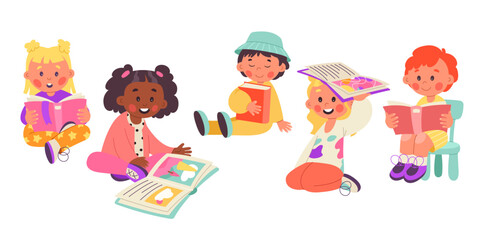 Children read books flat icons set. Cute kids sitting and looking at open book. Library and bookstore