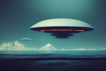 Naklejka na ściany i meble Cartoon style of a huge UFO spacecraft flying low over a mountain lake, created with Generative AI technology