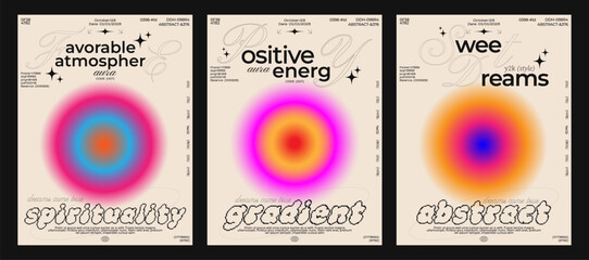 Collection of abstract aura retro posters with blurred circles. Positive energy, glow, soul. Sunset lamp circle vector. - obrazy, fototapety, plakaty