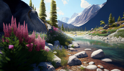 Realistic spring summer background with colorful trees and flowers, lake and mountains, Generative AI