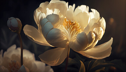 Blooming bright gold white peony flower with translucent petals generative AI