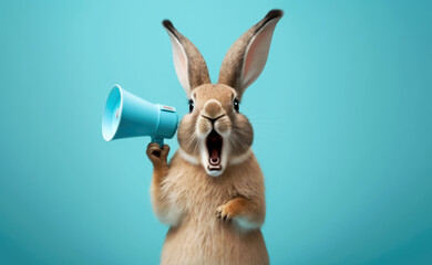 Easter Bunny holding megaphone and roaring. Easter advertising concept. Generative AI - obrazy, fototapety, plakaty
