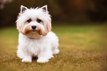 Maltese dog, pet, white maltese puppy in garden, generative ai, summeritme