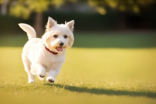 Maltese dog, pet, white maltese puppy in garden, generative ai, summeritme