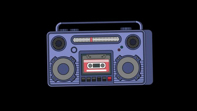 Looped animation video. Alpha channel. Retro vintage tape recorder with radio receiver on transparent background. Fake 3D animation. Flat icon. GIF. Record player. Audio cassette plays music. Song. 