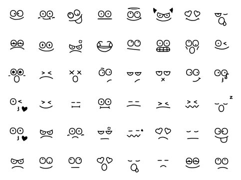 Set of faces showing different emotions in doodle style on a white background