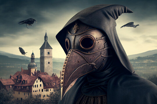 a man in a mask during a plague pandemic against the backdrop of a medieval city, generative AI