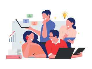 Startup colleagues work together. Business concept minimal illustration. Businessman and Businesswoman taking part in business activities. Teamwork in the office. Modern trendy concepts for web sites