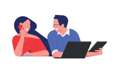 Colleagues work next to each other. Business concept minimal illustration. Men and women taking part in business activities. Teamwork in the office. Modern trendy concepts for web sites.