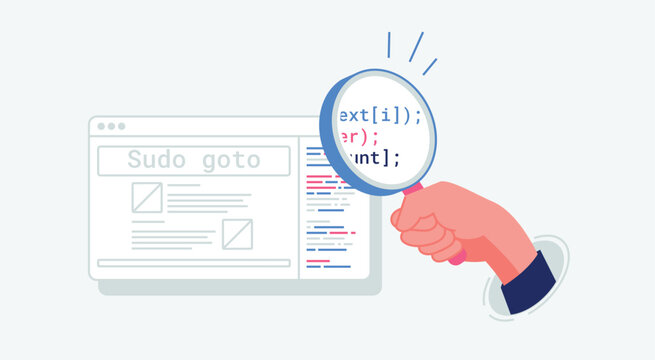 A hand holds a magnifying glass and searches something on website. The software engineer inspected the source code for any errors before submitting the project. Learning development with AI.