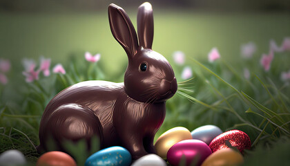 Fototapeta na wymiar a milk chocolate bunny with colored eggs generative AI