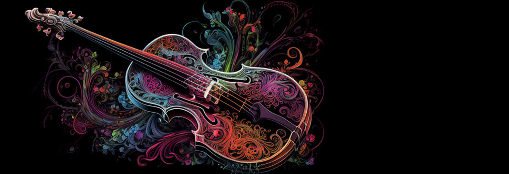 Music violin orchestra colorful ornament, horizontal black background with copy space for classical music concert banner. Generative AI