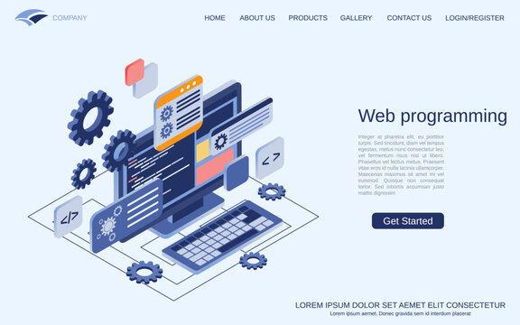 Web programming, program coding, website construction flat 3d isometric vector concept illustration