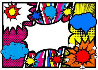 Comic book page template with empty speech bubbles and rays. Vector illustration.Retro pop art comics book magazine, speech bubble, balloon, box message.	
