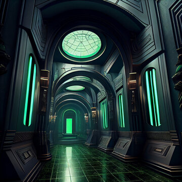 Large green, blacl marble bright interior, art deco, futuristic interior, dwarven architecture, scifi interior, epic, space station interior.