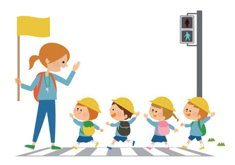 交通安全　横断歩道をわたる子供達のイラスト素材