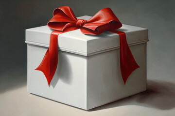 Large white gift box with red ribbon and bow as digital illustration (Generative AI)