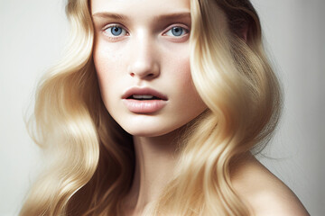 Portrait of young beautiful and natural blonde woman with wavy hairstyle. Digitally AI generated image.