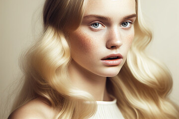 Fototapeta premium Portrait of young beautiful and natural blonde woman with wavy hairstyle. Digitally AI generated image.