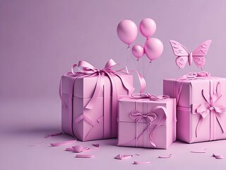 Greeting card with pink gift boxes, women's day, holiday card for March 8, mother's day, generative ai	