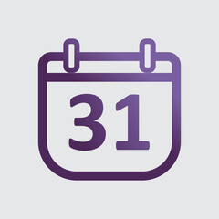 purple color minimalist calendar icon. Day 31 calendar symbol. outline calendar with gradient. simple design. Isolated vector item. notification, memo, organization, time management. day thirty one