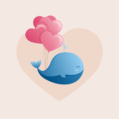 Whale with pink heart shaped balloons
a whale with heart-shaped balloons tied to it. Cute and tender illustration. Postcard, banner, print