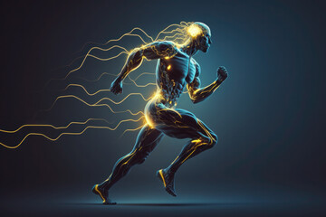 Fototapeta na wymiar The man runs in motion. Human Brain and Body. Glowing Blue Lines. Neural Connections. Artificial Intelligence, Cyberspace. AI Generative