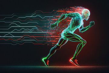The man runs in motion. human brain and body. glowing Green lines. neural connections. artificial intelligence, cyberspace. AI Generative