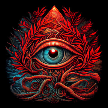 Red and blue eye of Providence. All Seeing Eye Of God. AI generative.