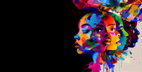 Fototapeta premium Multi-ethnic women with different colors. Banner of diversity, independence and equality. AI generative.